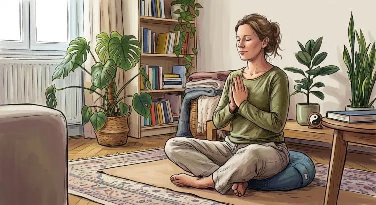 Nő belső békét és elfogadást gyakorol meditációs pózban egy nyugodt, növényekkel díszített szobában