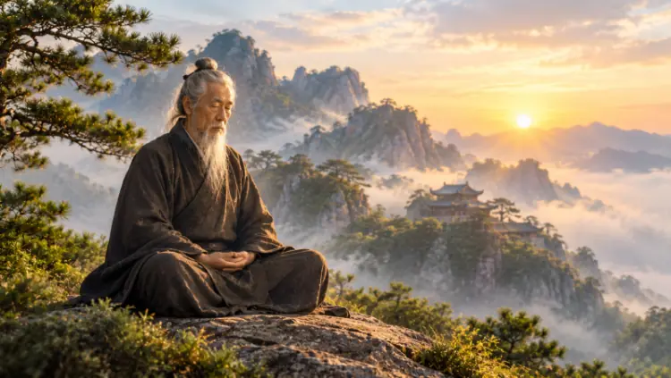 Meditáló csikung mester a napkelte ködös hegyei között